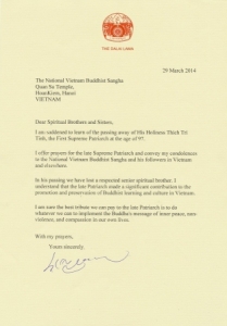 Điện thư chia buồn TLHT. Thích Trí Tịnh viên tịch của đức Dalai Lama